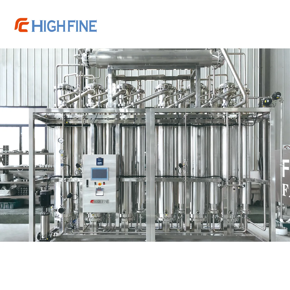 Multi-effect water distiller with stainless steel columns and control cabinet